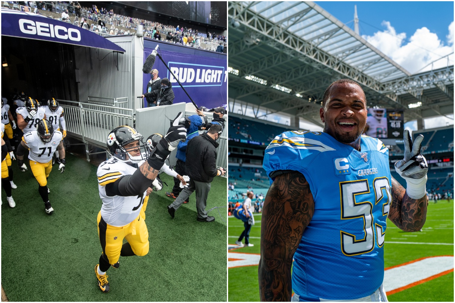 Pittsburgh Steelers center Maurkice Pouncey exits the tunnel as his brother, Mike Pouncey, smiles for the camera.