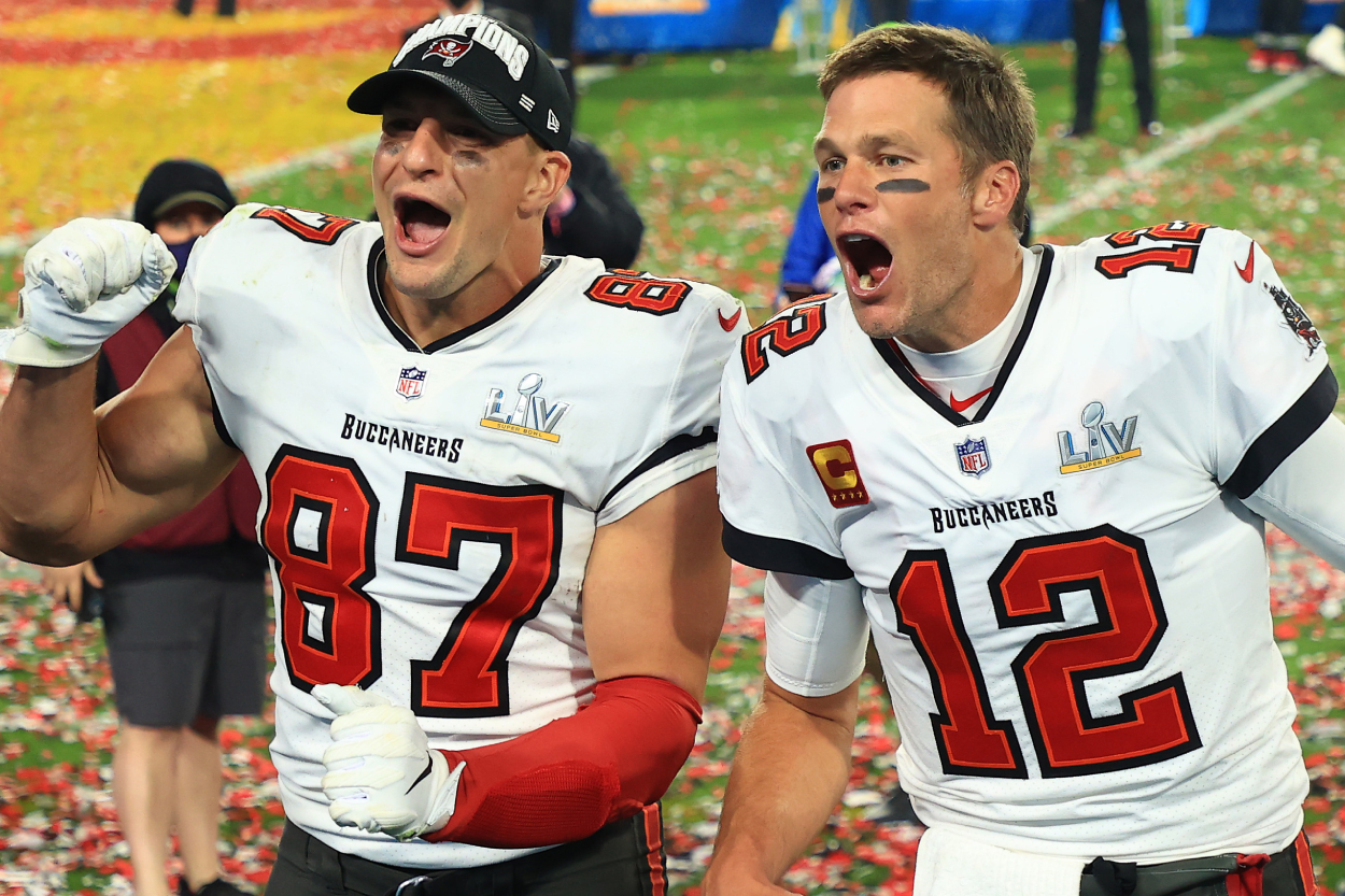 Rob Gronkowski and Tom Brady of the Buccaneers celebrate after winning Super Bowl 55.