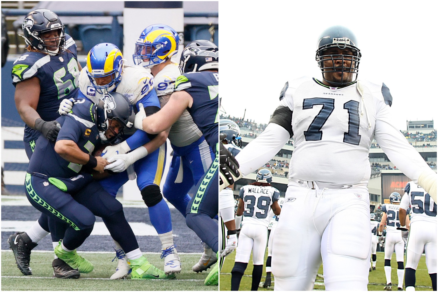 Seahawks QB Russell Wilson gets sacked in a game against the LA Rams while franchise legend Walter Jones greets teammates on the field.