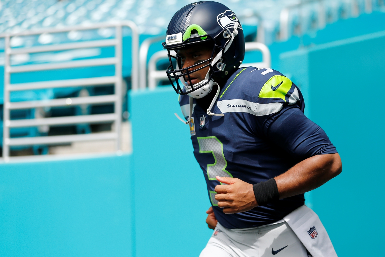 Russell Wilson of the Seattle Seahawks takes the field prior to the game against the Miami Dolphins.
