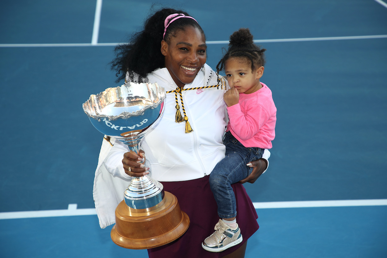 Serena Williams celebrates with her daughter after winning the 2020 Women's ASB Classic