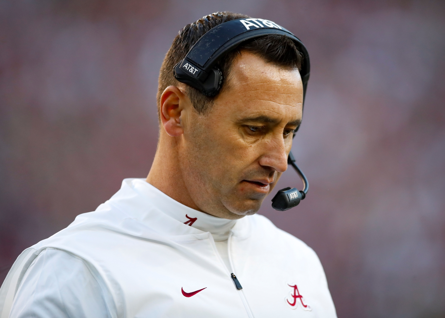 Alabama Crimson Tide offensive coordinator / Quarterbacks coach Steve Sarkisian looks on during the first half against the LSU Tigers at Bryant-Denny Stadium.