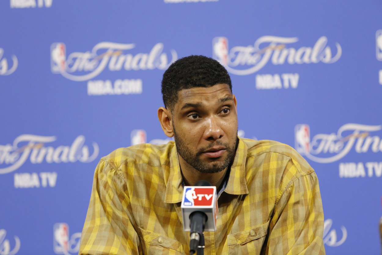 Tim Duncan of the San Antonio Spurs speaks to reporters after an NBA Finals game