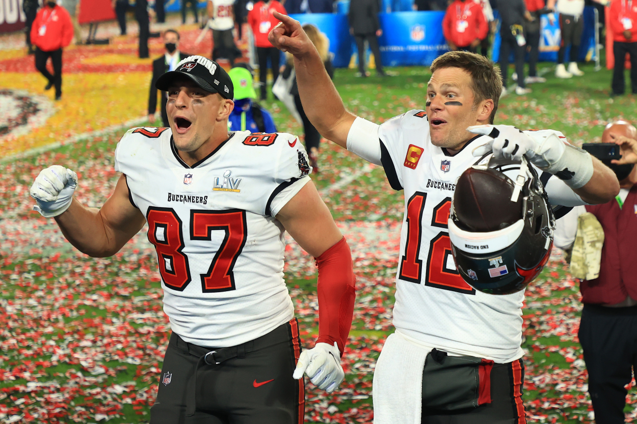 Tom Brady and Rob Gronkowski celebrate after winning the Super Bowl