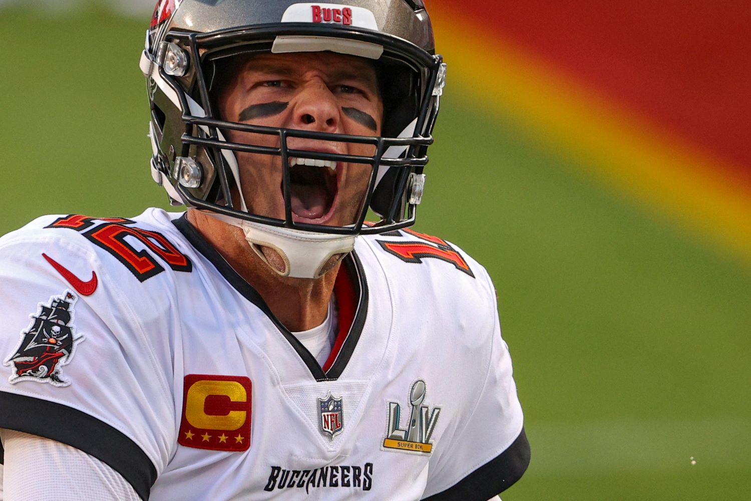 Tom Brady of the Tampa Bay Buccaneers yells as he takes the field against the Kansas City Chiefs in Super Bowl 55.