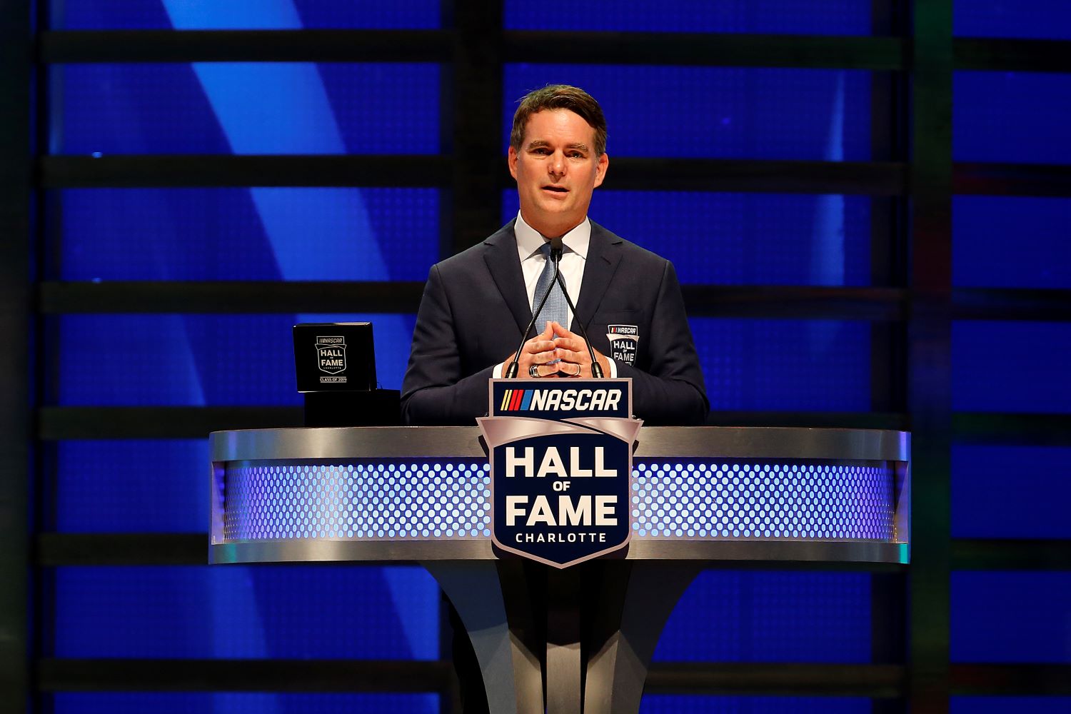 Jeff Gordon speaks on stage as he is inducted into the NASCAR Hall of Fame during the 2019 NASCAR Hall of Fame Induction Ceremony.