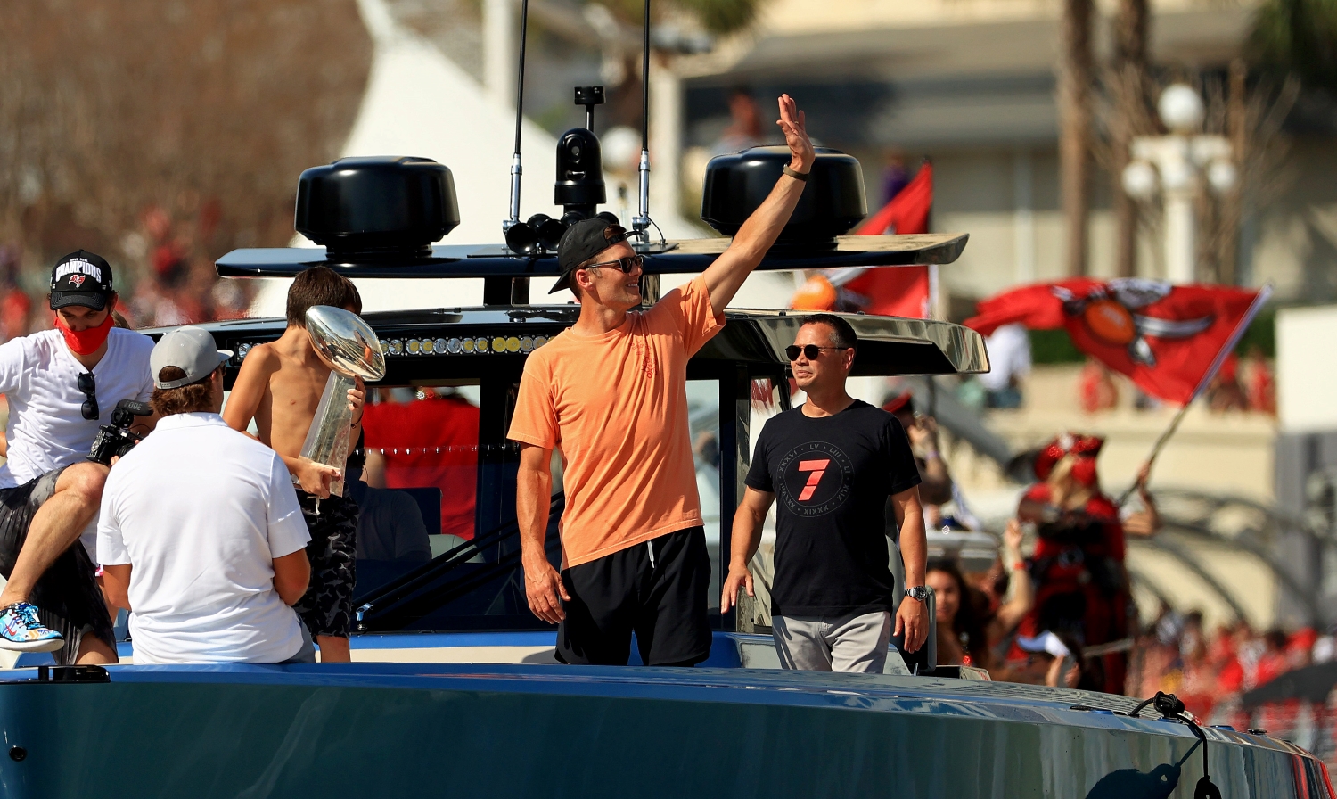 Tom Brady of the Tampa Bay Buccaneers celebrates their Super Bowl 55 victory during a boat parade through the city.