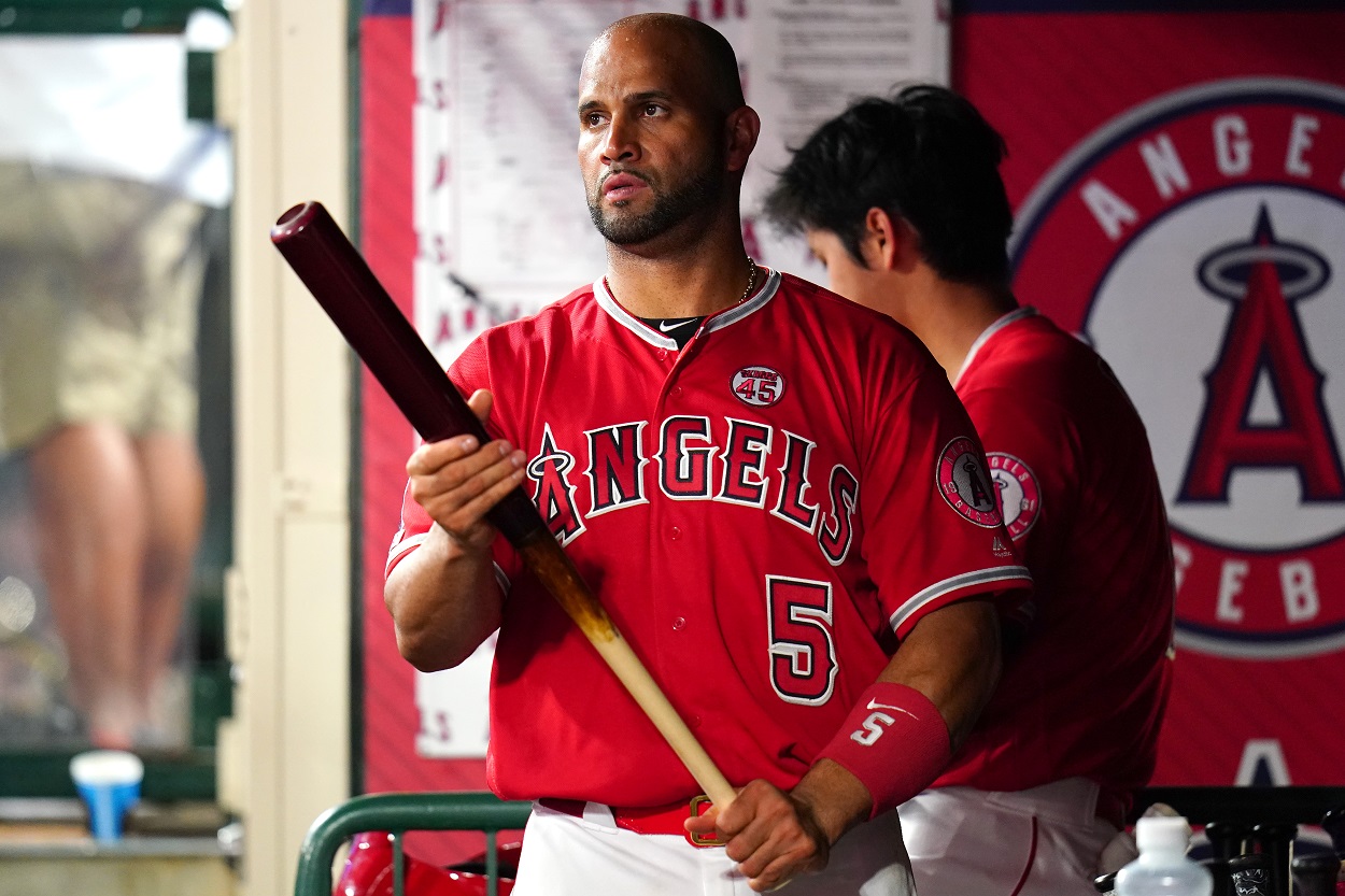 Albert Pujols in the dugout during a game between the LA Angels and Seattle Mariners.