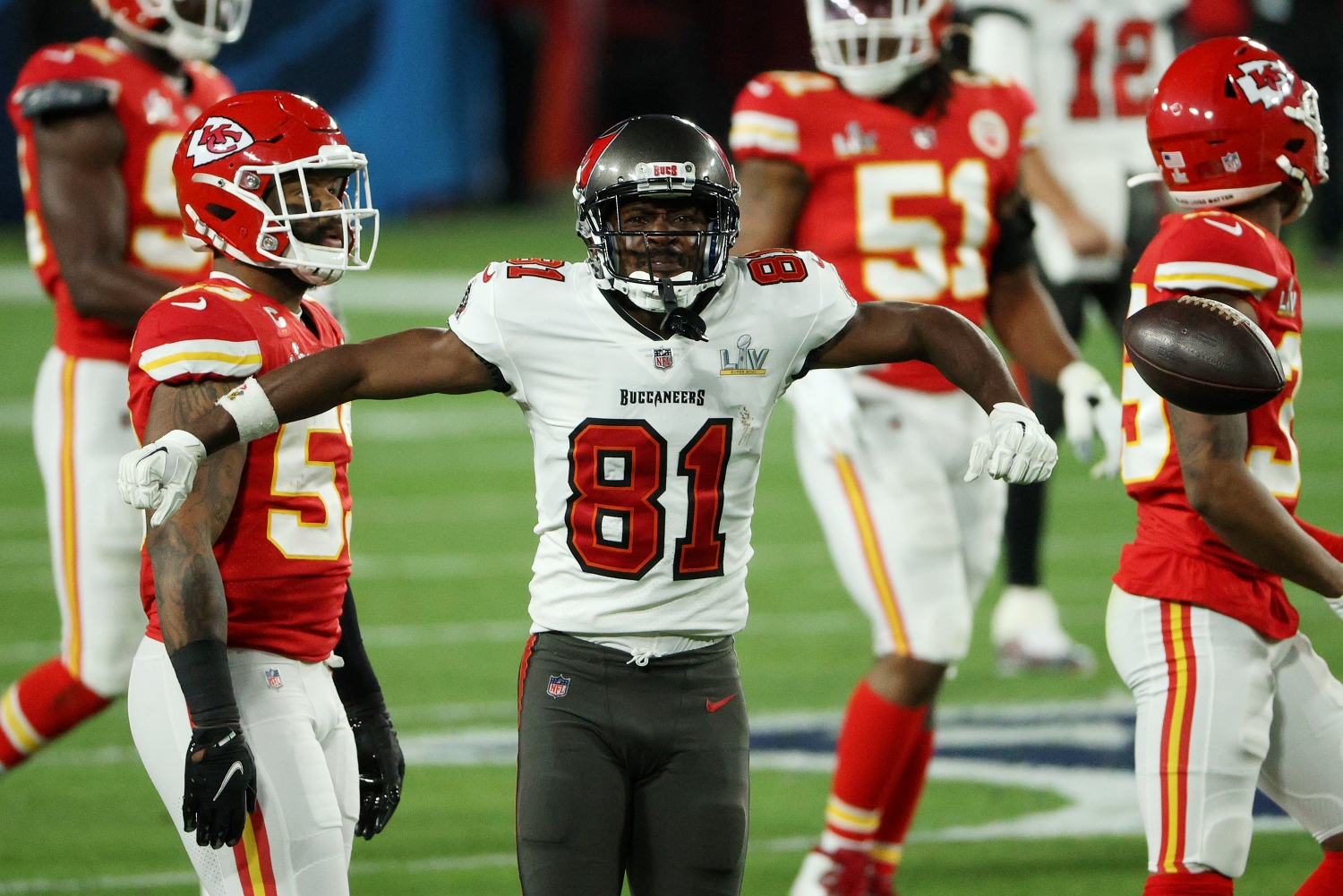 Antonio Brown celebrates making a catch for the Tampa Bay Buccaneers in Super Bowl 55.