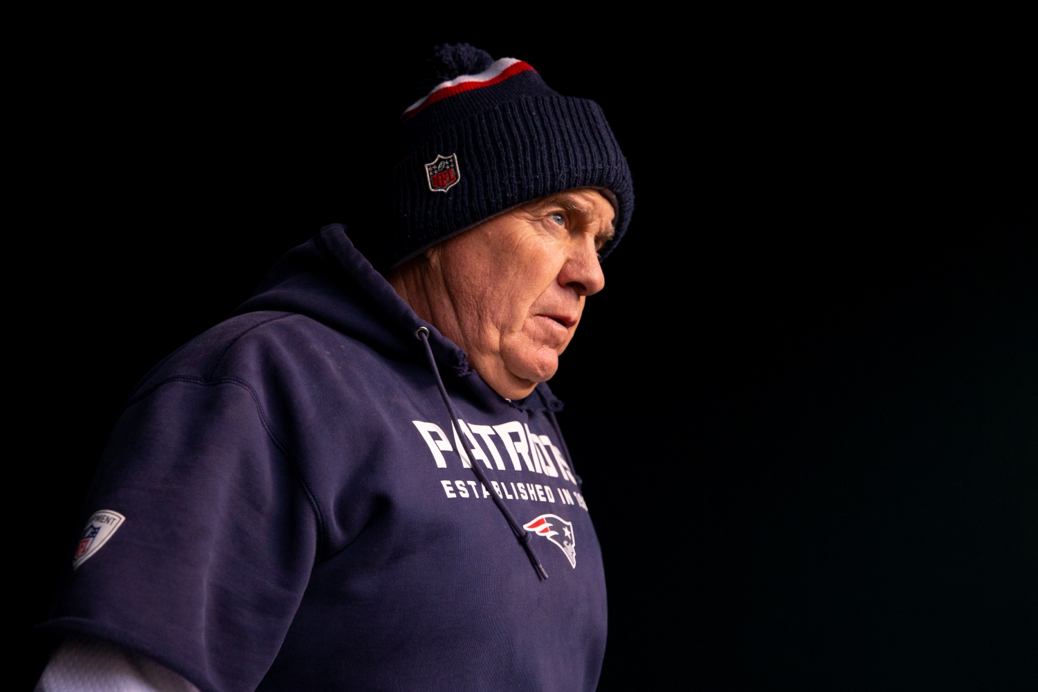 Head coach Bill Belichick of the New England Patriots walks onto the field prior to the game against the Philadelphia Eagles on Nov. 17, 2019.