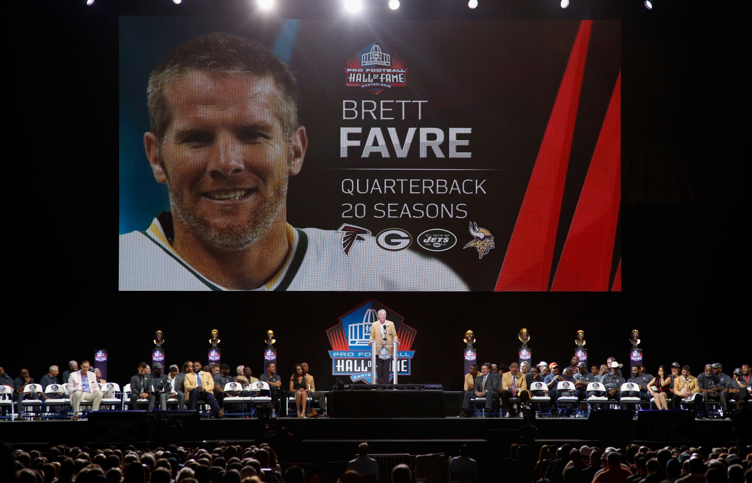 Green Bay Packers legend Brett Favre speaks during his Pro Football Hall of Fame induction ceremony on Aug. 6, 2016.