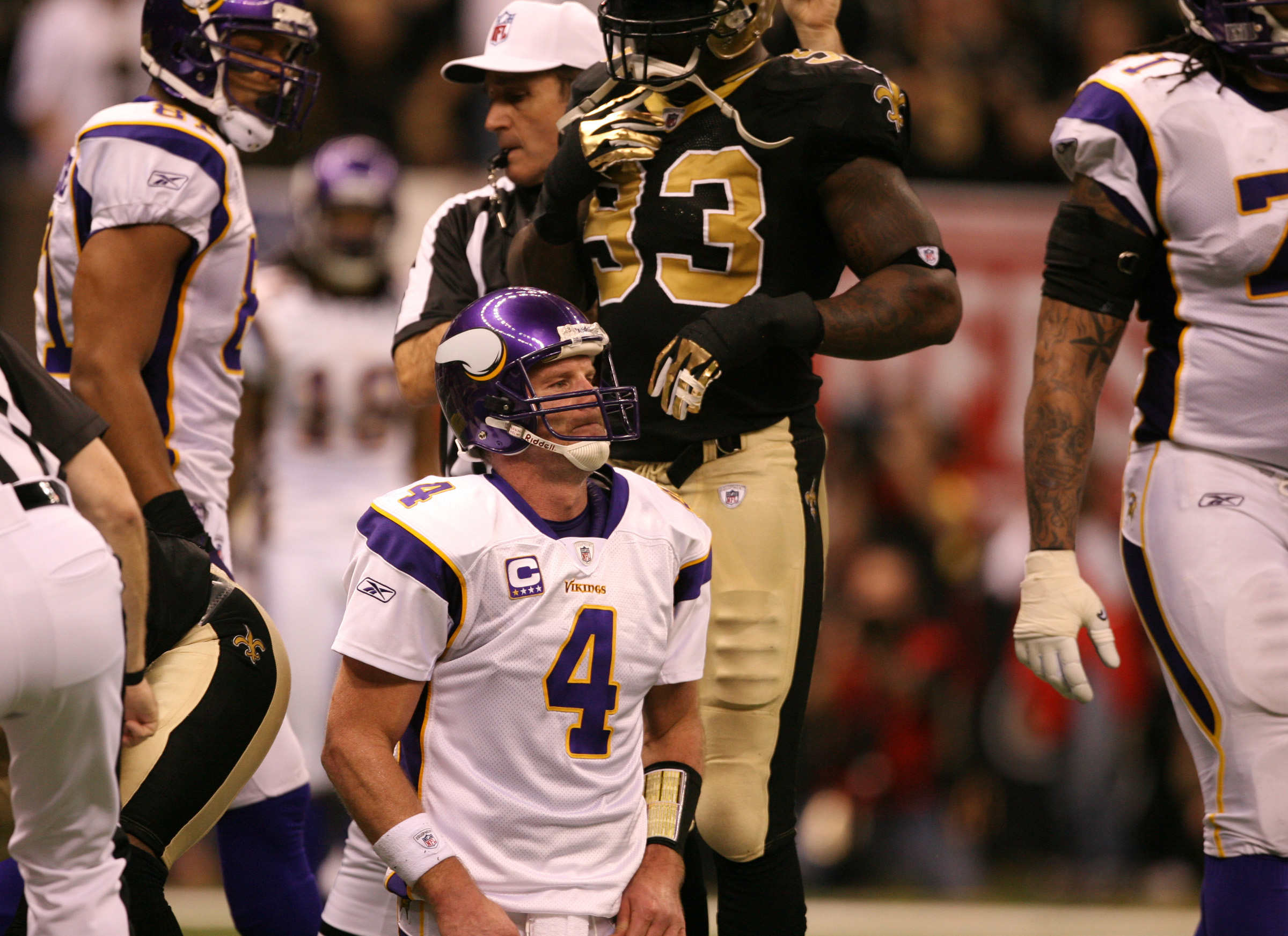 Brett Favre took quite a few extra hits against the New Orleans Saints in the 2010 NFC Championship Game.