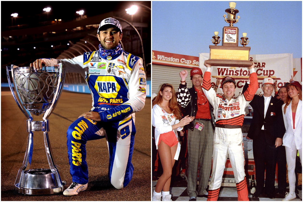 Two NASCAR Cup Series champions, Chase Elliott (left) and Alan Kulwicki (right)