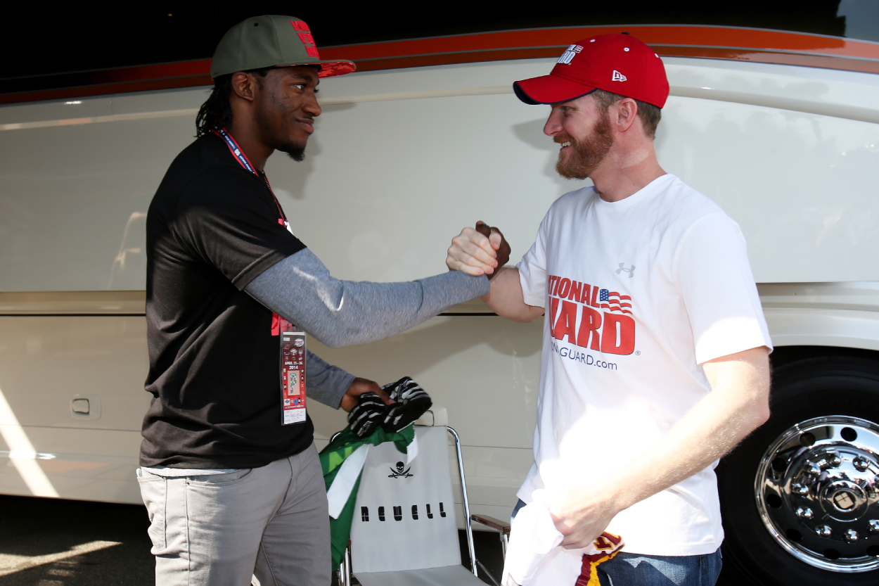 Dalen Earnhardt. Jr. and Robert Griffin III shake hands.