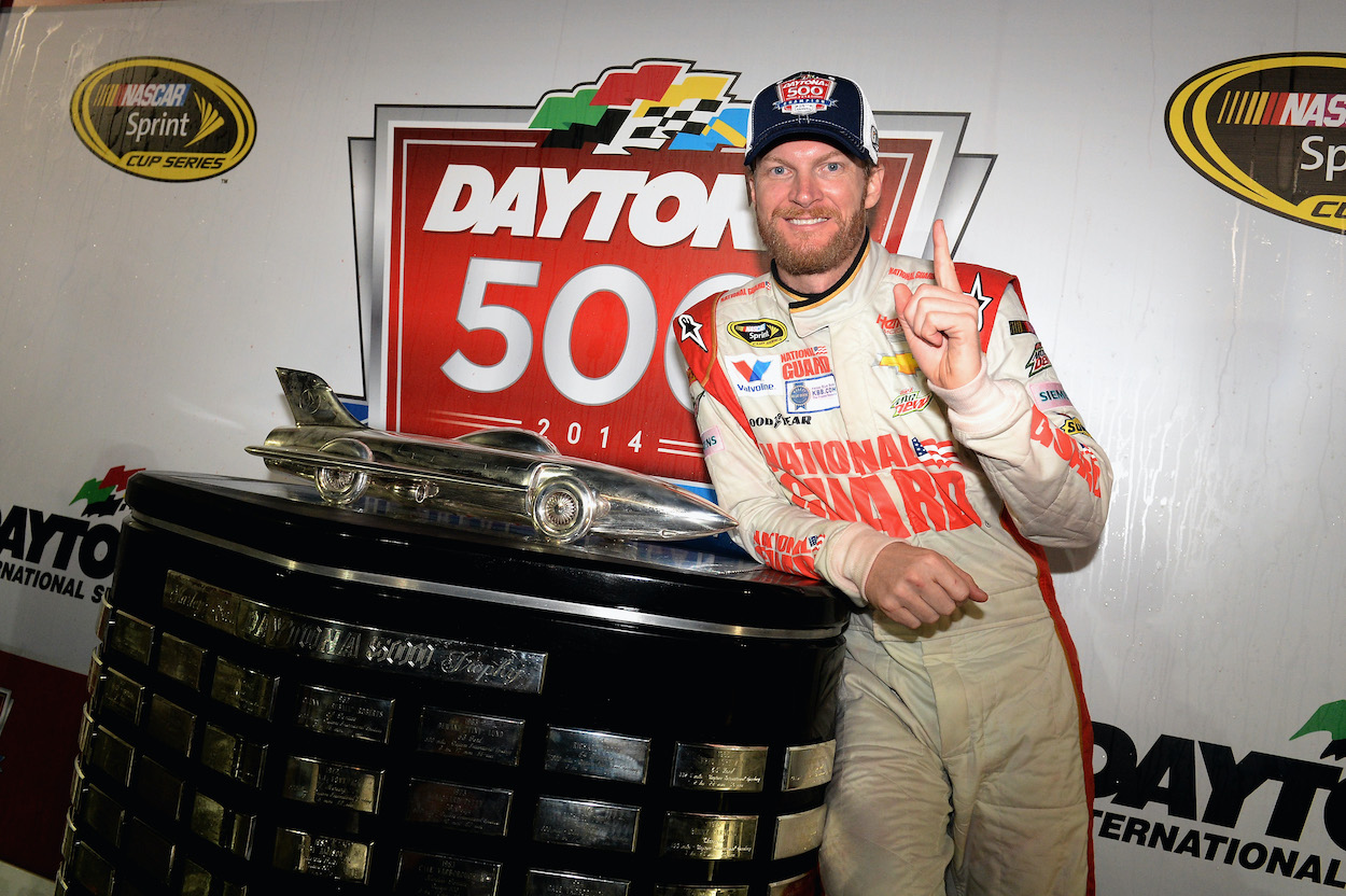 Dale Earnhardt Jr. poses after winning the 2014 Daytona 500