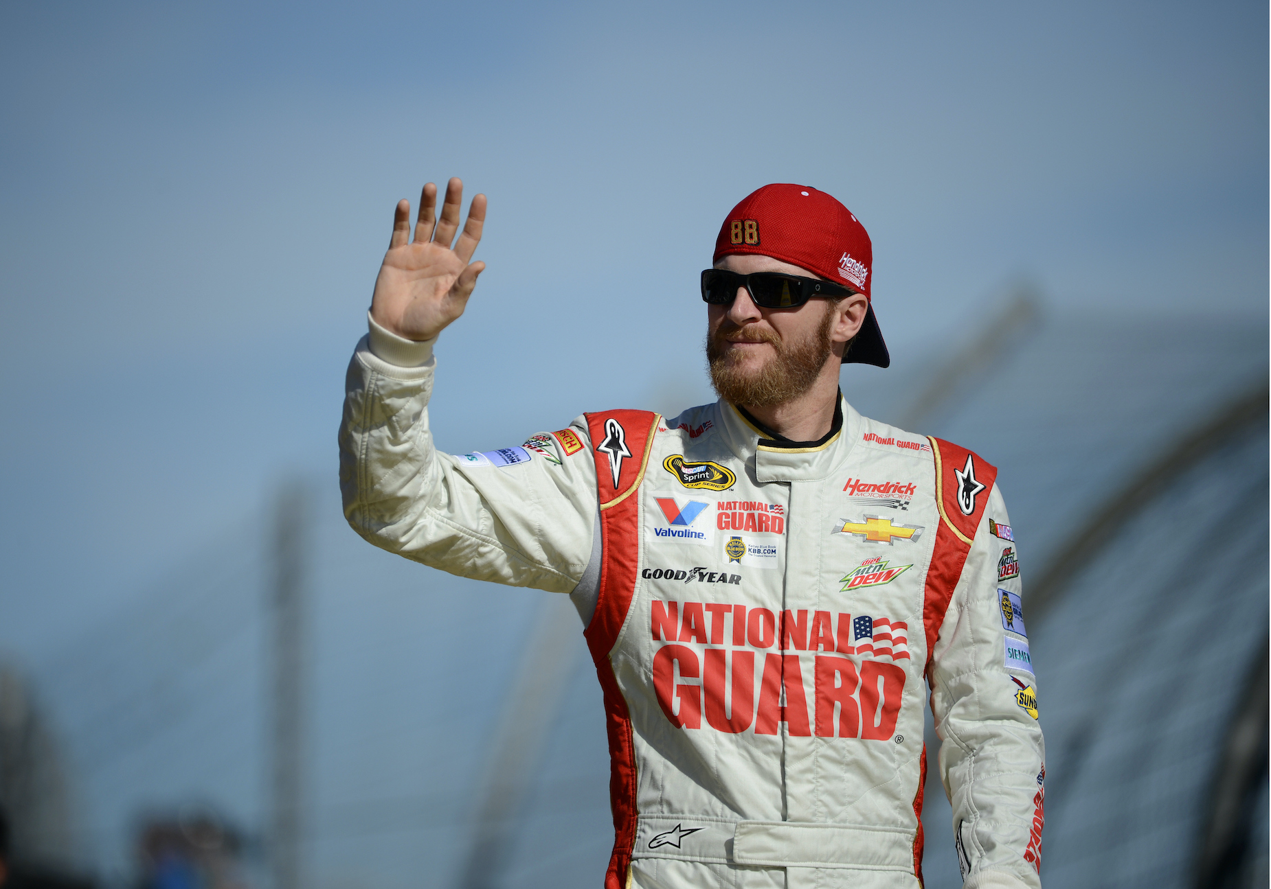 NASCAR star Dale Earnhardt Jr. wearing a National Guard race suit.