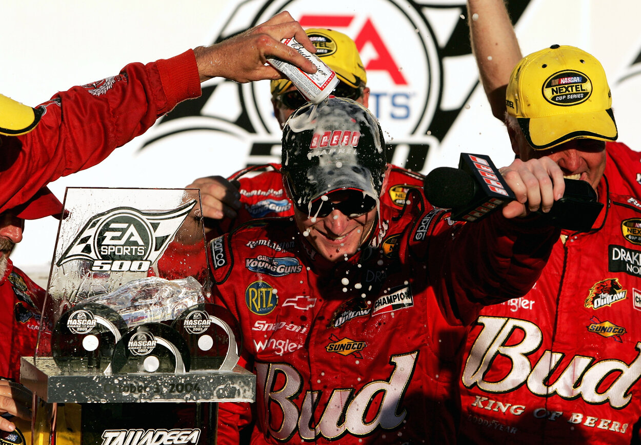 NASCAR legend Dale Earnhardt Jr. celebrates winning at Talladega in 2004.