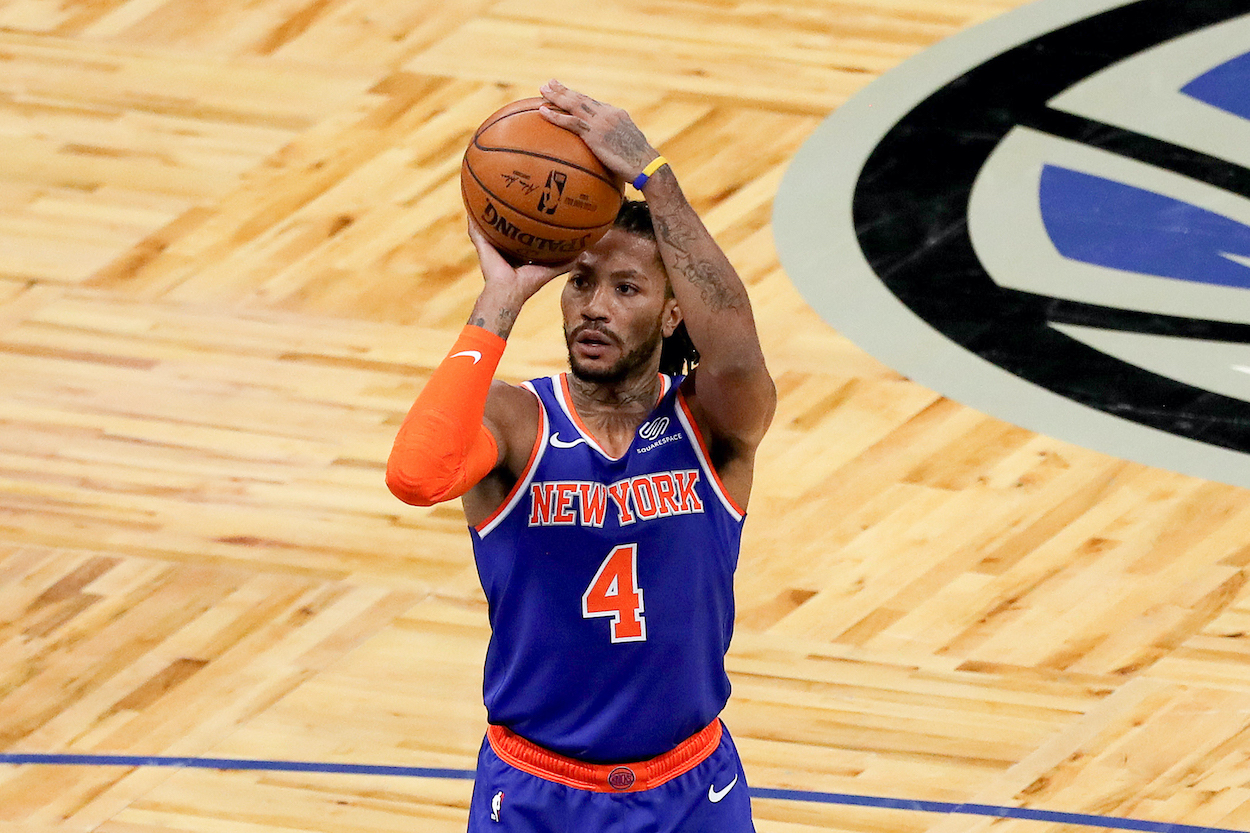 Derrick Rose of the New York Knicks shoots a free throw