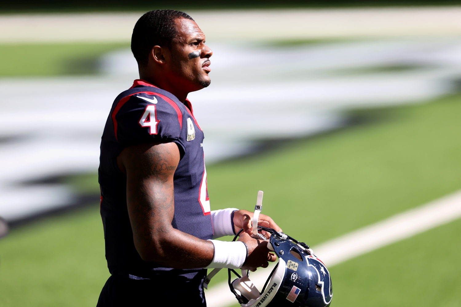 Houston Texans quarterback Deshaun Watson looks on prior to a game against the New England Patriots on Nov. 22, 2020.