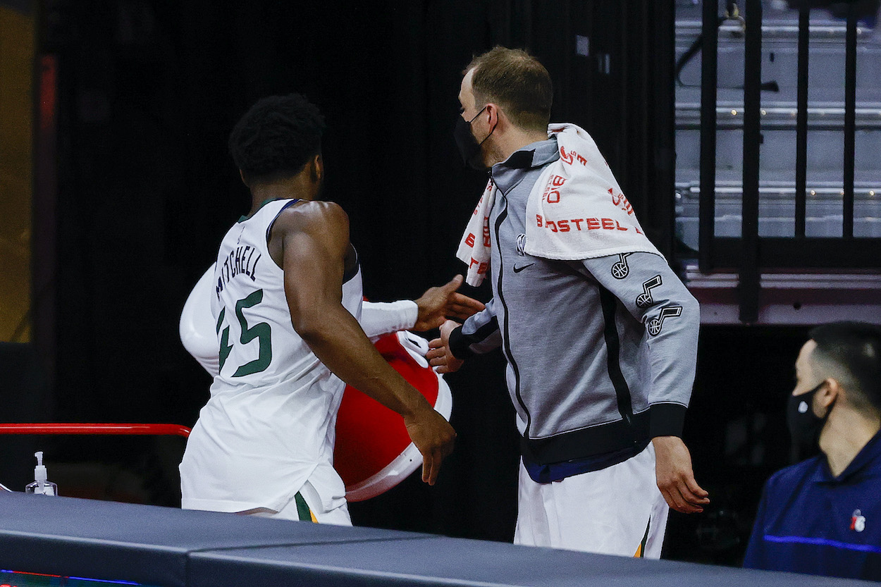 Utah Jazz guard Donovan Mitchell walks off the floor after getting ejected