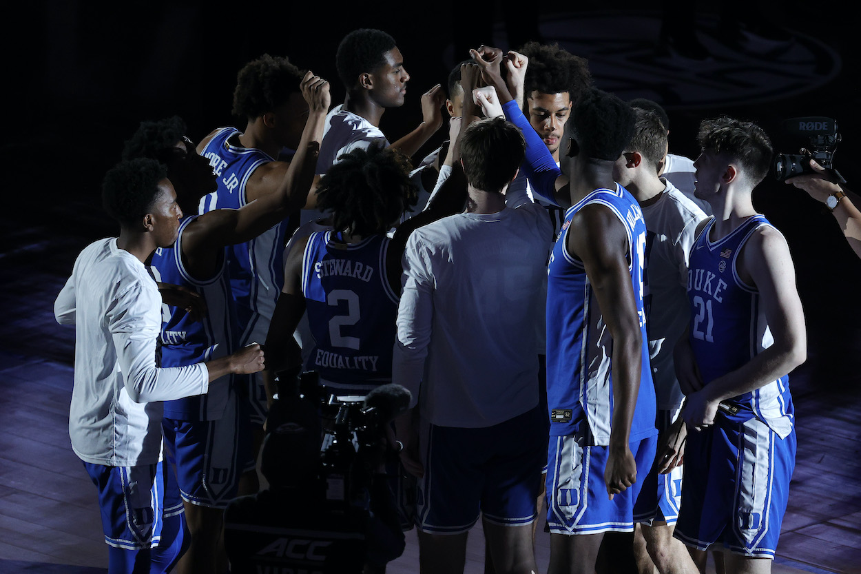 Duke players huddle up in the ACC Tournament