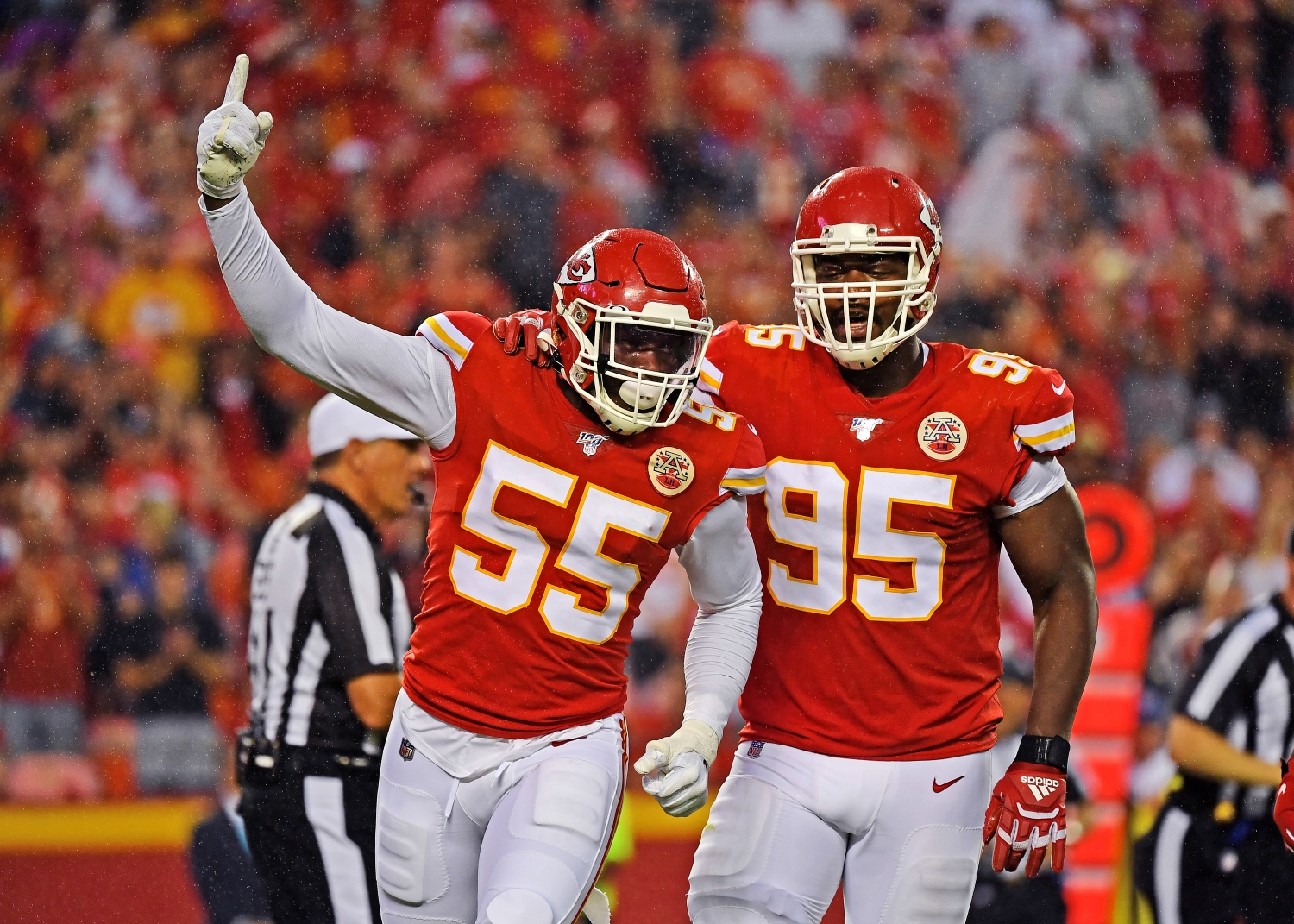 Frank Clark of the Kansas City Chiefs celebrates alongside teammate Chris Jones during a preseason game in 2019.