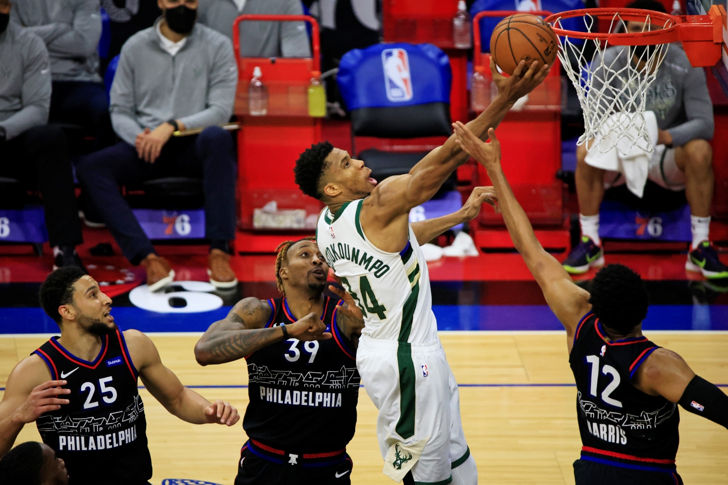 Giannis Antetokounmpo of the Milwaukee Bucks scores against the Philadelphia 76ers in a game on March 17, 2021.