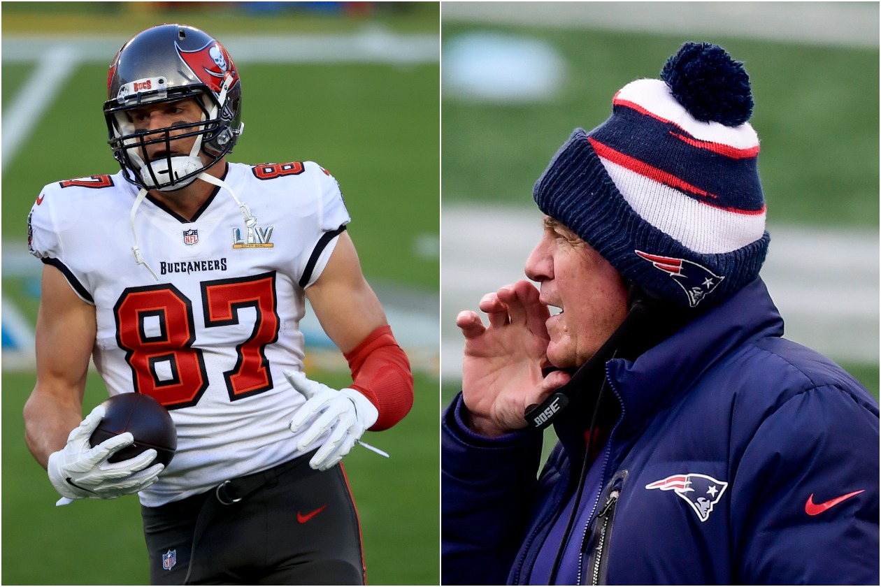Tampa Bay Buccaneers TE Rob Gronkowski (left) and New England Patriots head coach Bill Belichick (right)