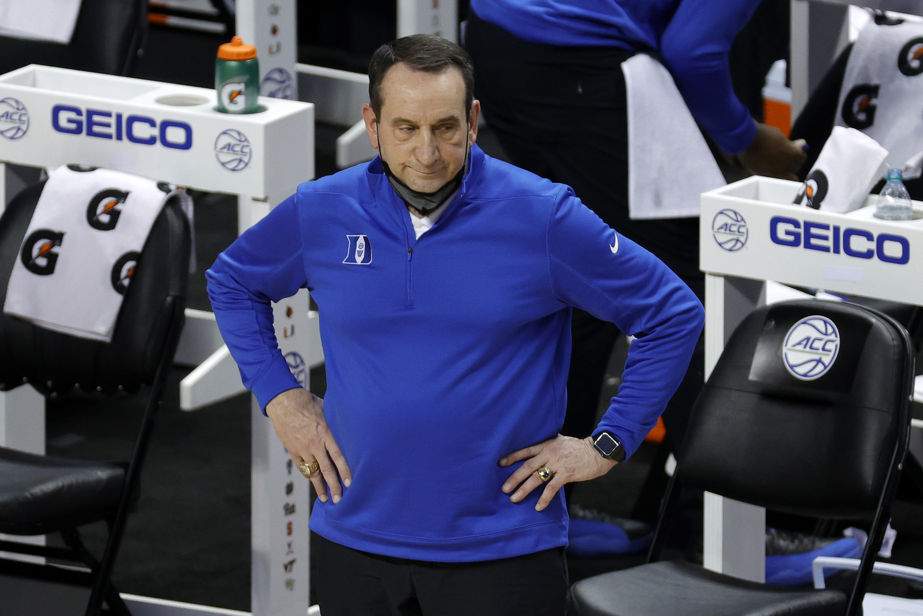 Head coach Mike Krzyzewski of the Duke Blue Devils reacts during a game