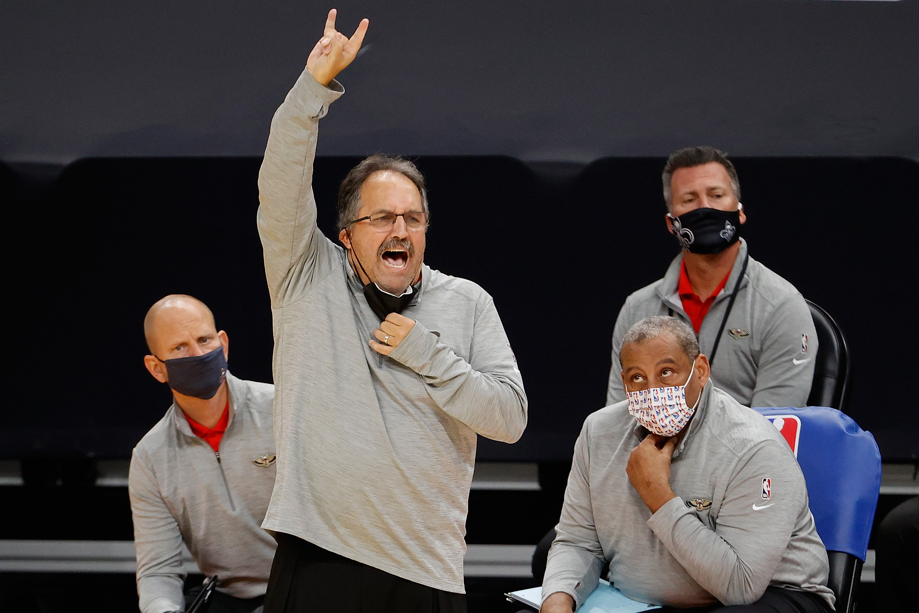 Head coach Stan Van Gundy of the New Orleans Pelicans reacts during an NBA game