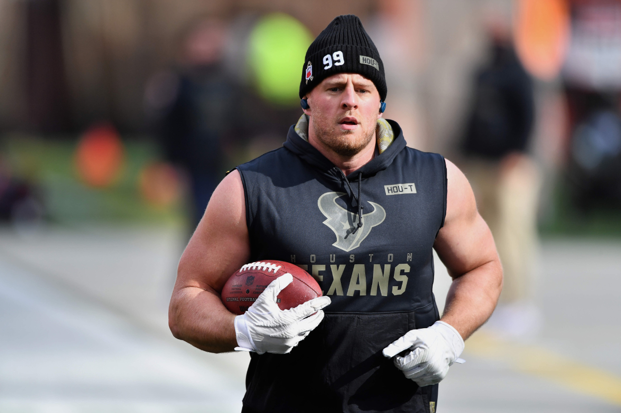 J.J. Watt, who is now on the Arizona Cardinals, warming up for a game against the Cleveland Browns with the Houston Texans.