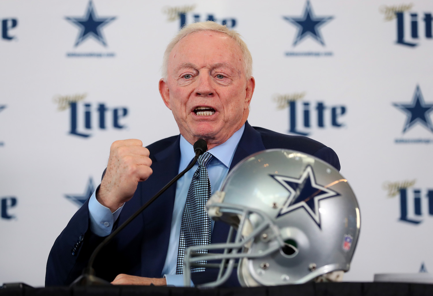 Dallas Cowboys owner Jerry Jones talks to media