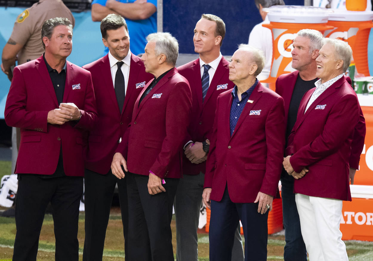 Joe Montana, Tom Brady, and other Hall-of-Fame quarterbacks chat during the NFL 100 All-TIme Team presentation