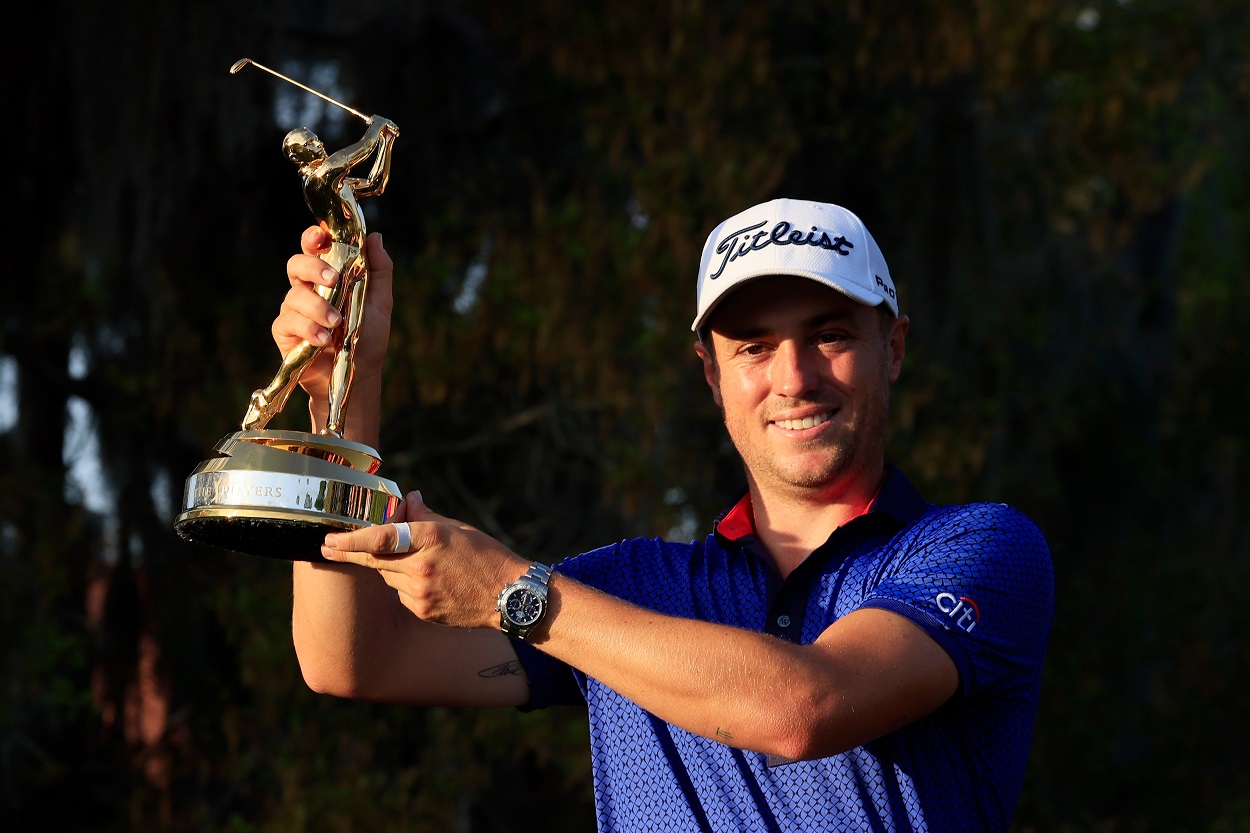 Justin Thomas celebrates after winning the 2021 edition of The Players Championship