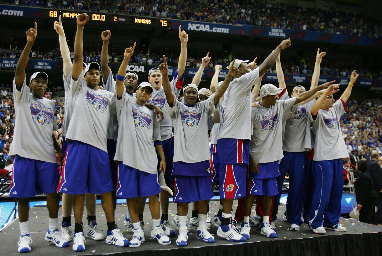 The Kansas Jayhawks men's basketball team celebrates a national championship victory in April 2008.