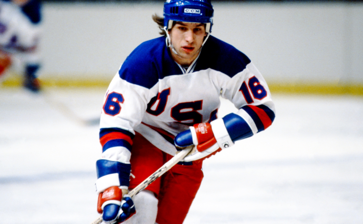 Mark Pavelich skates during an exhibition game against the Soviet Union during his time as a member of the 1980 'Miracle on Ice' Olympic hockey team.