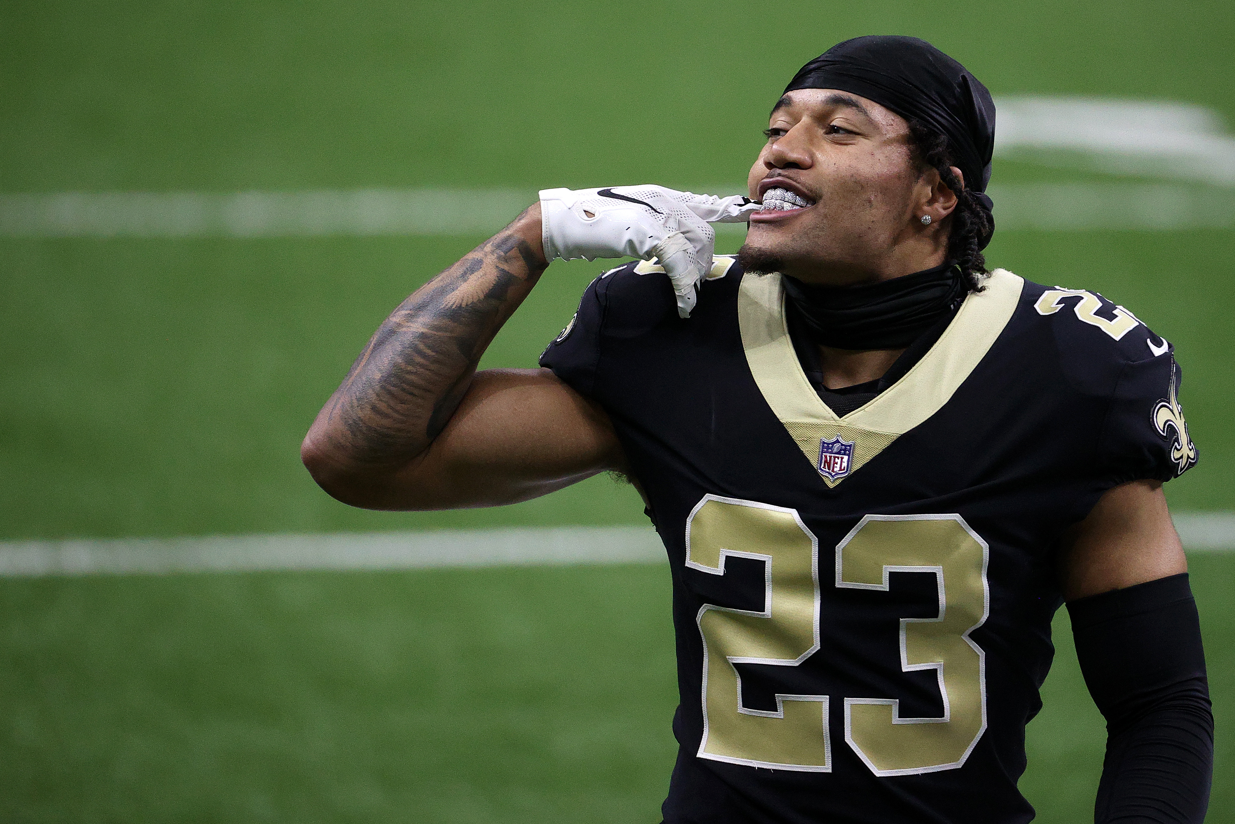 Marshon Lattimore of the New Orleans Saints shows his teeth prior to the NFC Divisional Playoff game
