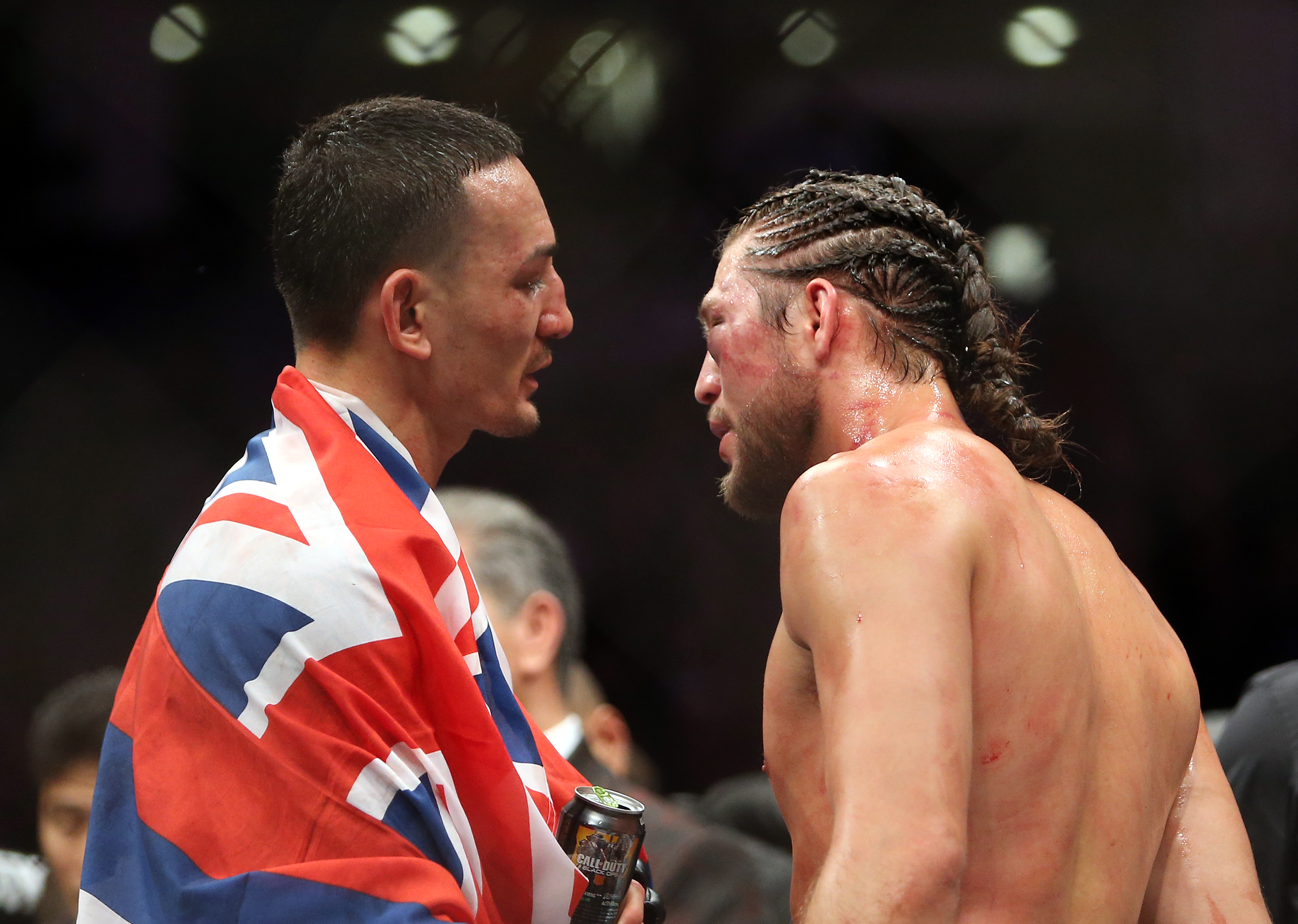 Max Holloway speaks with Brian Ortega after their 2018 featherweight bout