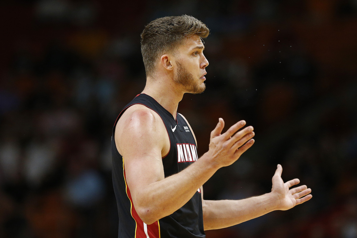 NBA forward Meyers Leonard of the Miami Heat reacts to a call