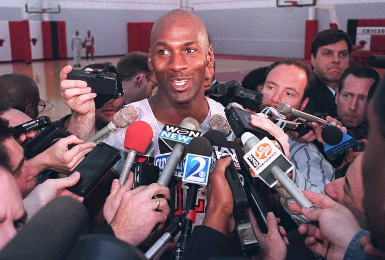 NBA legend Michael Jordan speaking to the media after returning from his baseball stint.