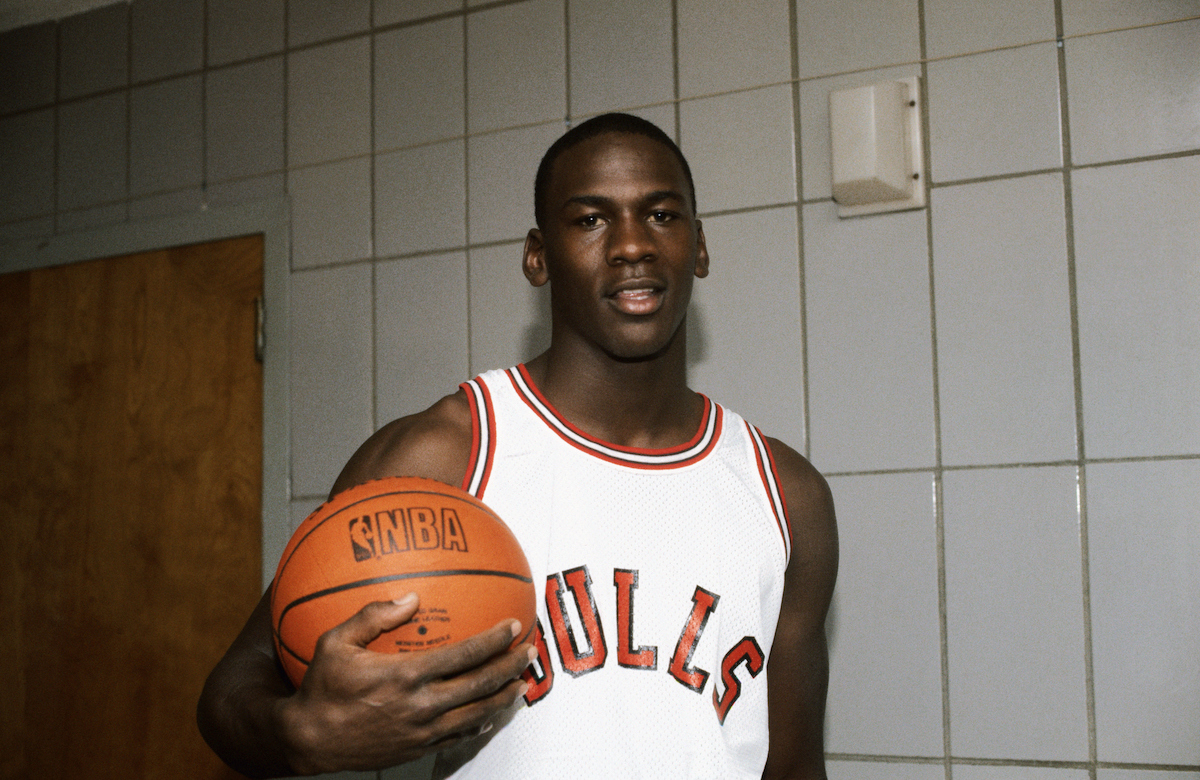Chicago Bulls player Michale Jordan poses for a picture