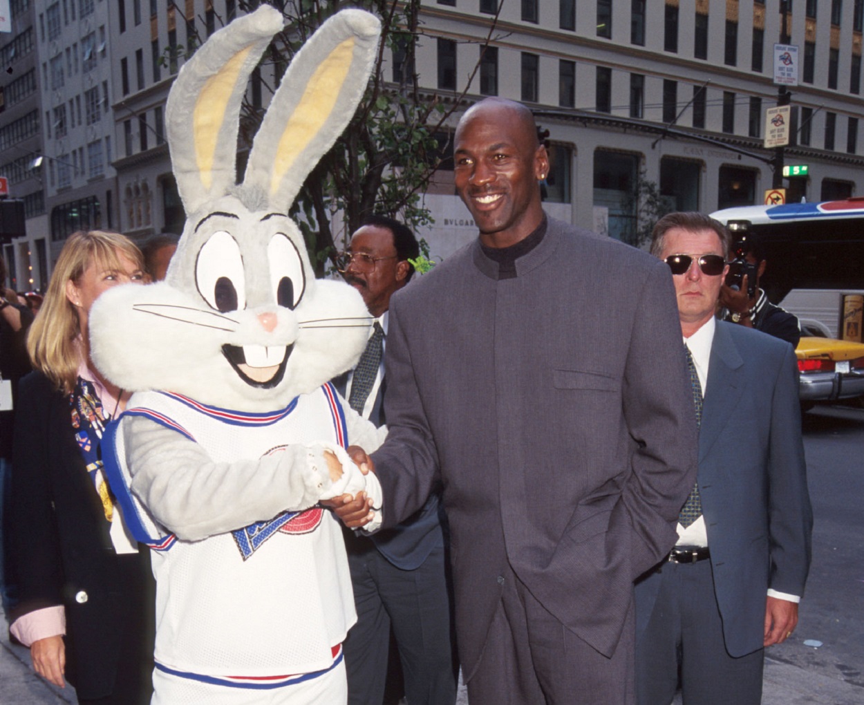 Michael Jordan shakes hands with Bugs Bunny in 1996, the year 'Space Jam' was released