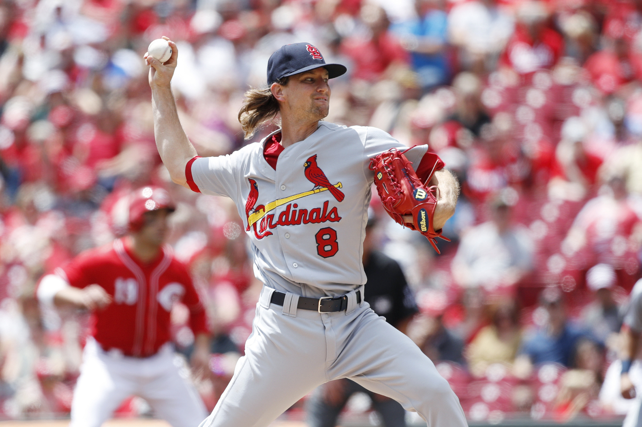Former Reds and Cardinals pitcher Mike Leake playing in a game for the Cardinals against Cincinnati.