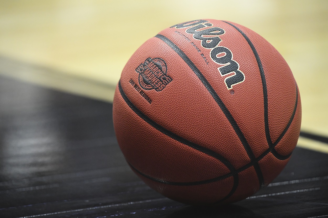 March Madness logo on a Wilson basketball at the 2019 NCAA Tournament