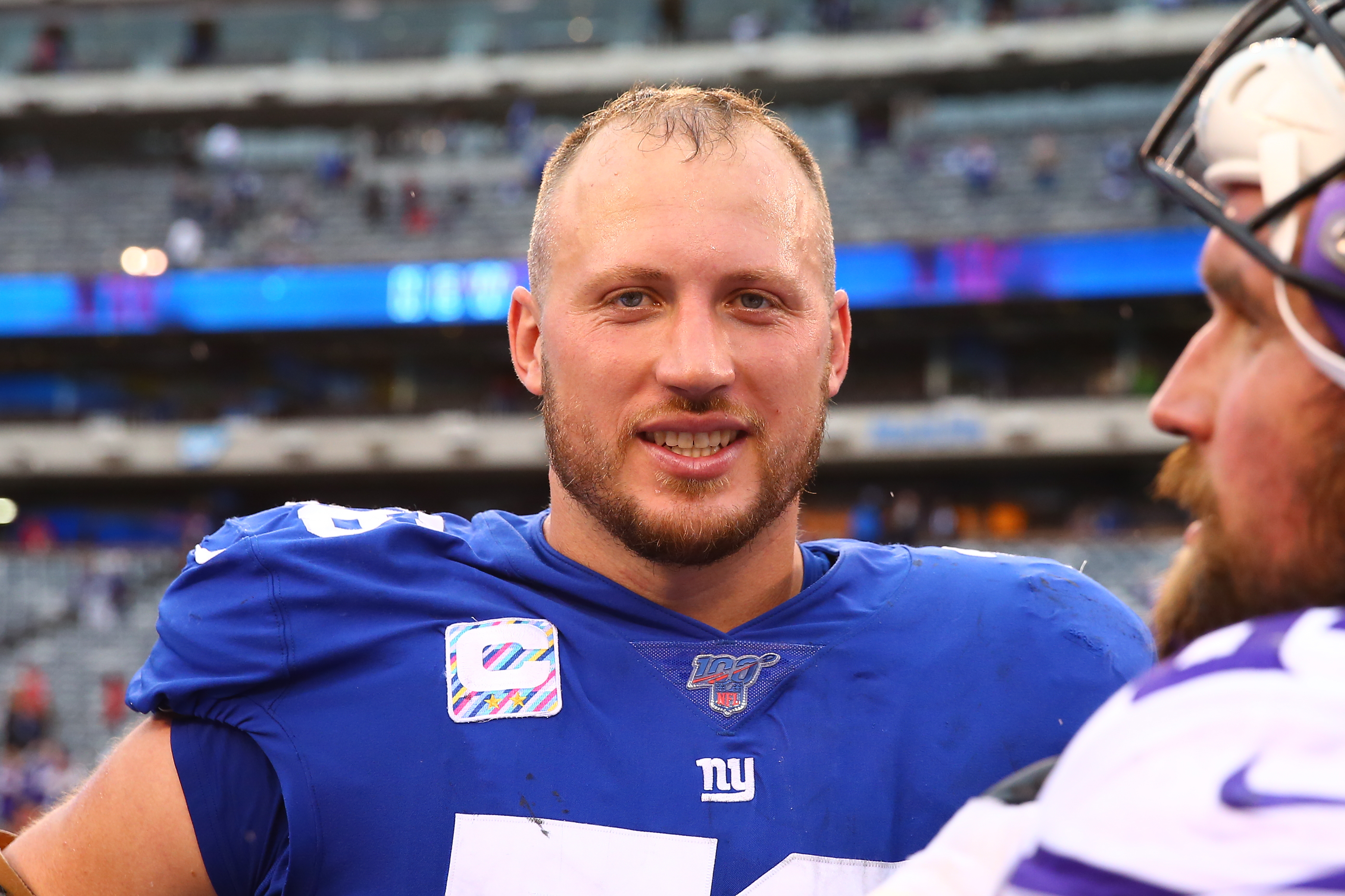 New York Giants offensive tackle Nate Solder speaks to the media in 2019