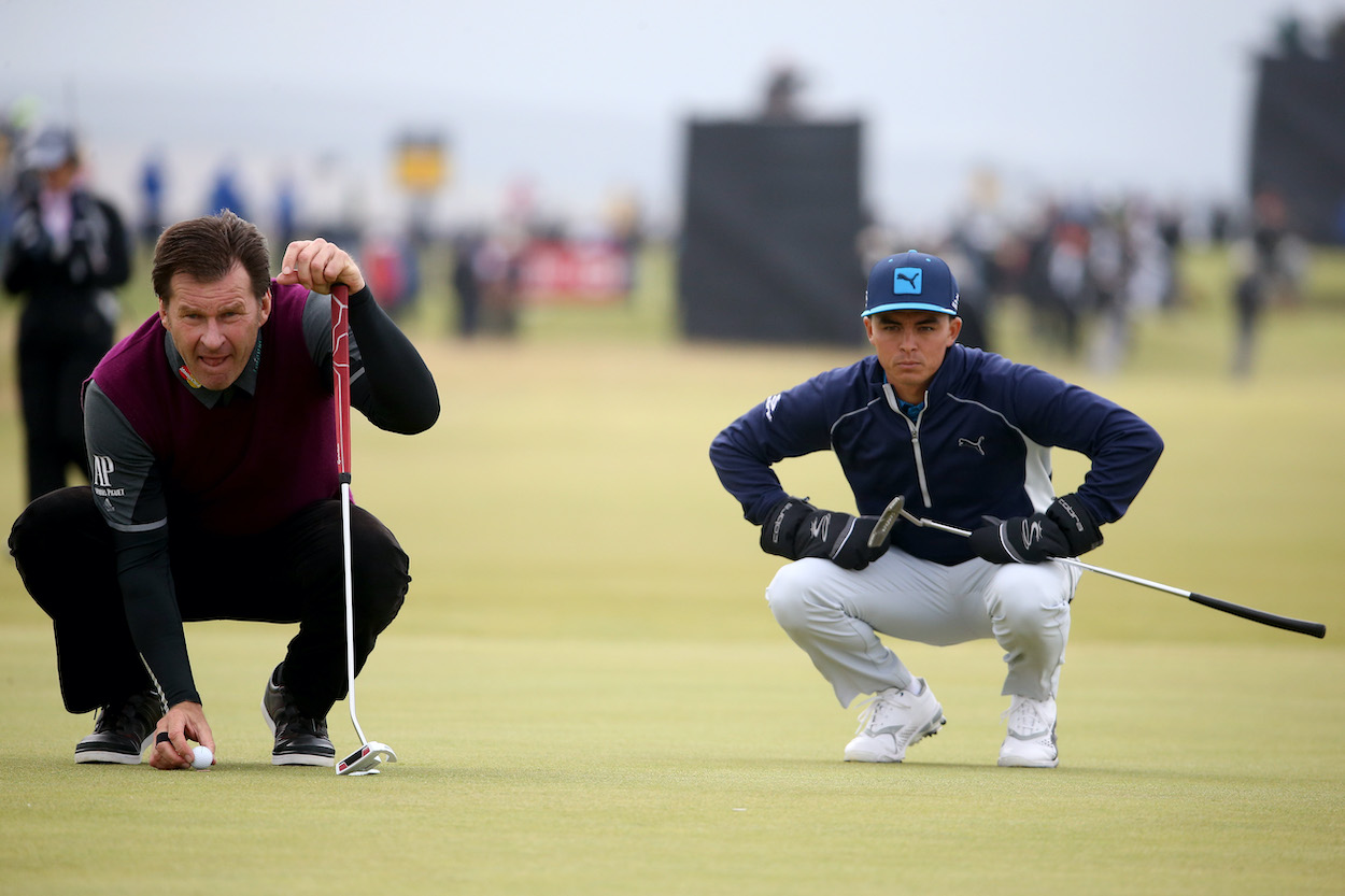 Nick Faldo and Rickie Fowler play in the first round of the 2015 Open Championship