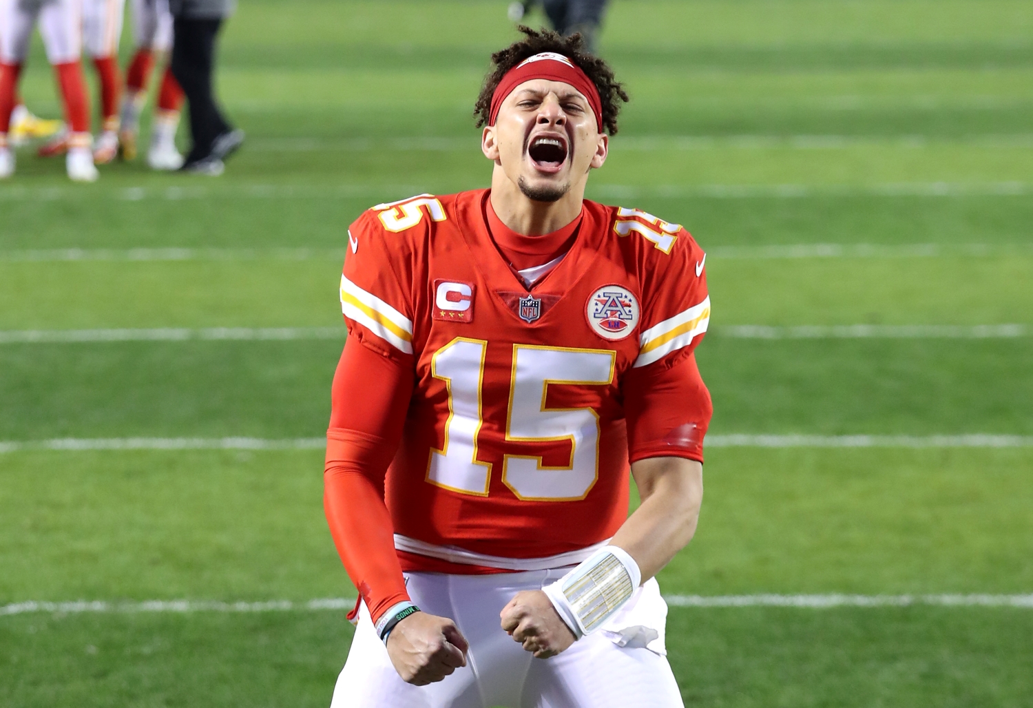 Kansas City Chiefs quarterback Patrick Mahomes reacts in excitement before the AFC championship game against the Buffalo Bills.