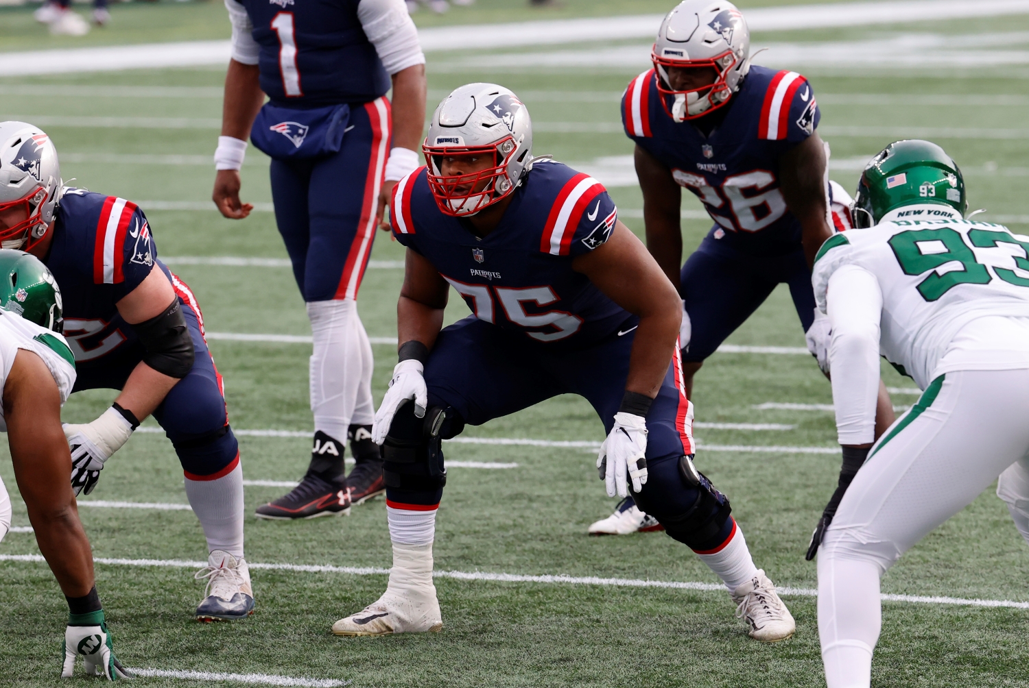 New England Patriots offensive tackle Justin Herron waits for the snap during a game against the New York Jets on Jan. 3, 2021.