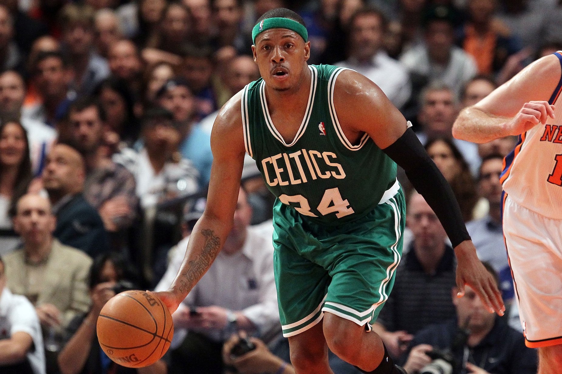 Paul Pierce, who won a $20,000 bet on an arm-wrestling match, in action for the Boston Celtics.