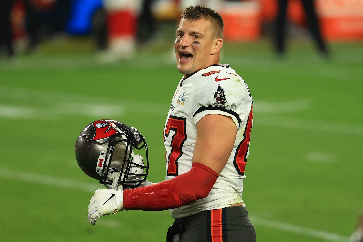 Tampa Bay Buccaneers tight end Rob Gronkowski celebrates his Super Bowl 55 victory